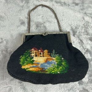 Antique Wool Needlepoint Black Floral Handbag Purse Chain Vintage Bag Flaws Read